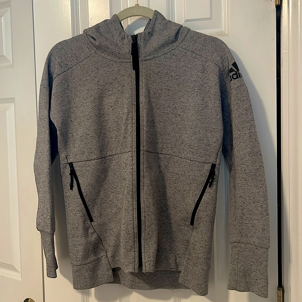 ADIAS dark grey with speckled black and black detailing zip up hoodie.